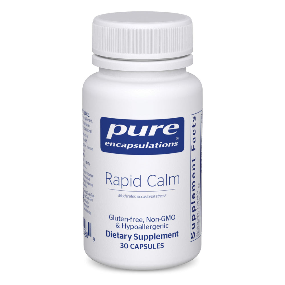 Pure Encapsulations Rapid Calm bottle front, showcasing stress support for busy days.