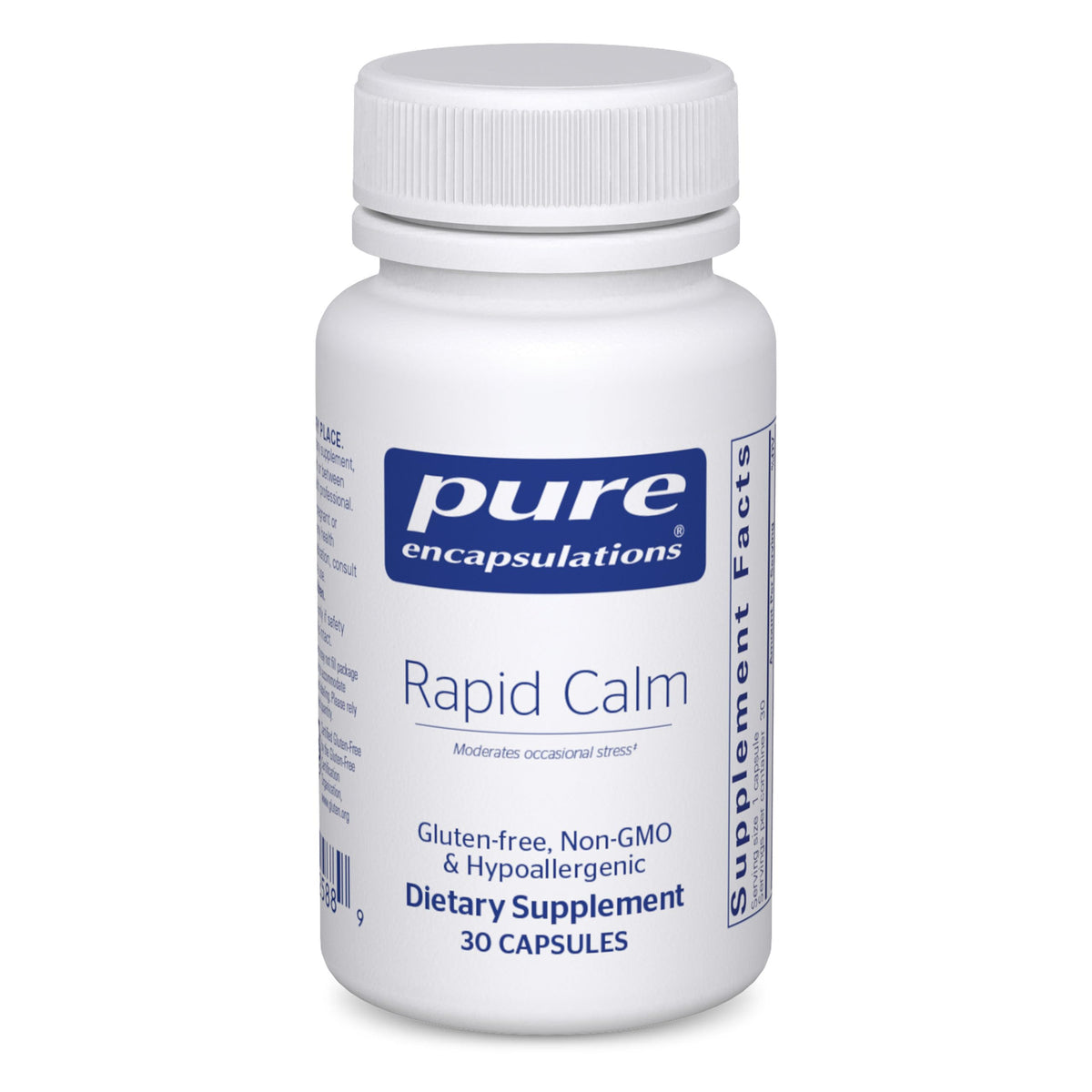 Pure Encapsulations Rapid Calm bottle front, showcasing stress support for busy days.