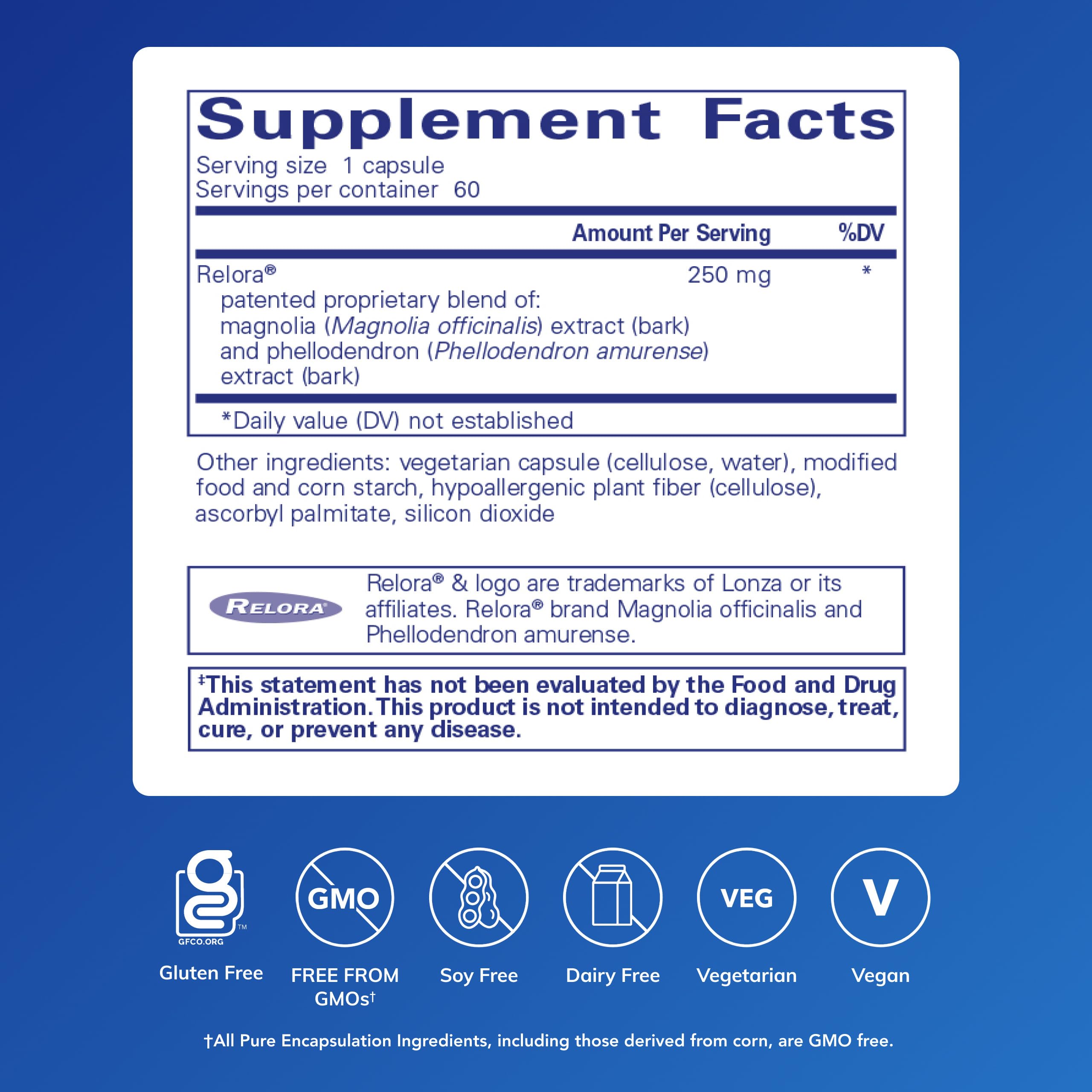Relora bottle cap closeup emphasizes clean, allergen-free formulation