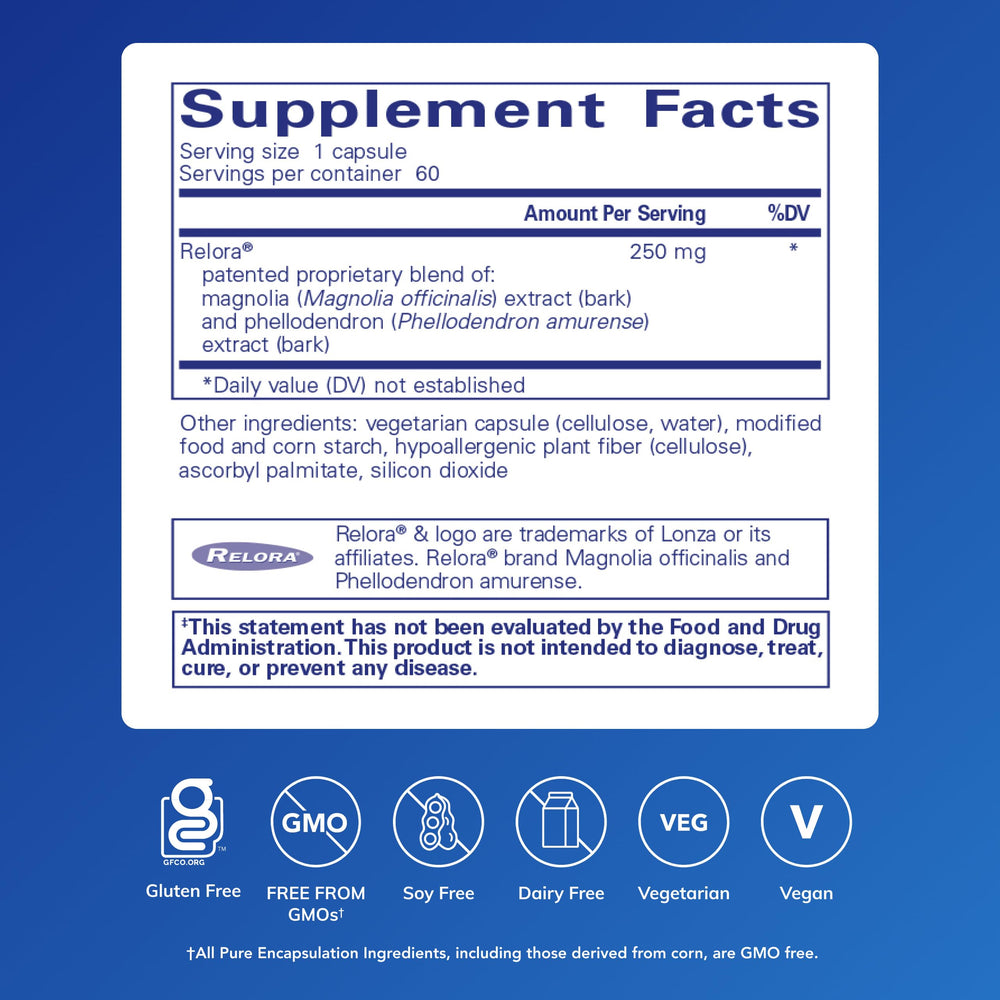 Relora bottle cap closeup emphasizes clean, allergen-free formulation