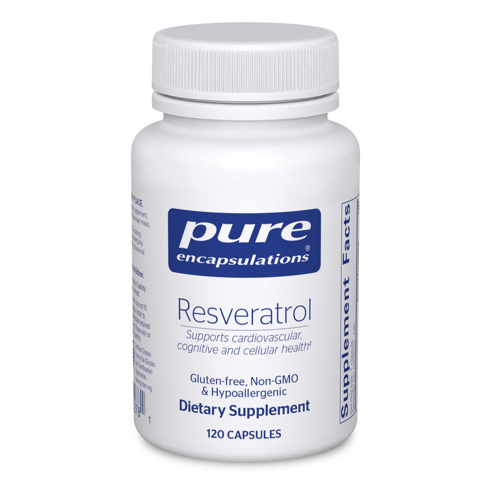 Pure Encapsulations Resveratrol bottle front view highlighting antioxidant formulation for healthy aging.
