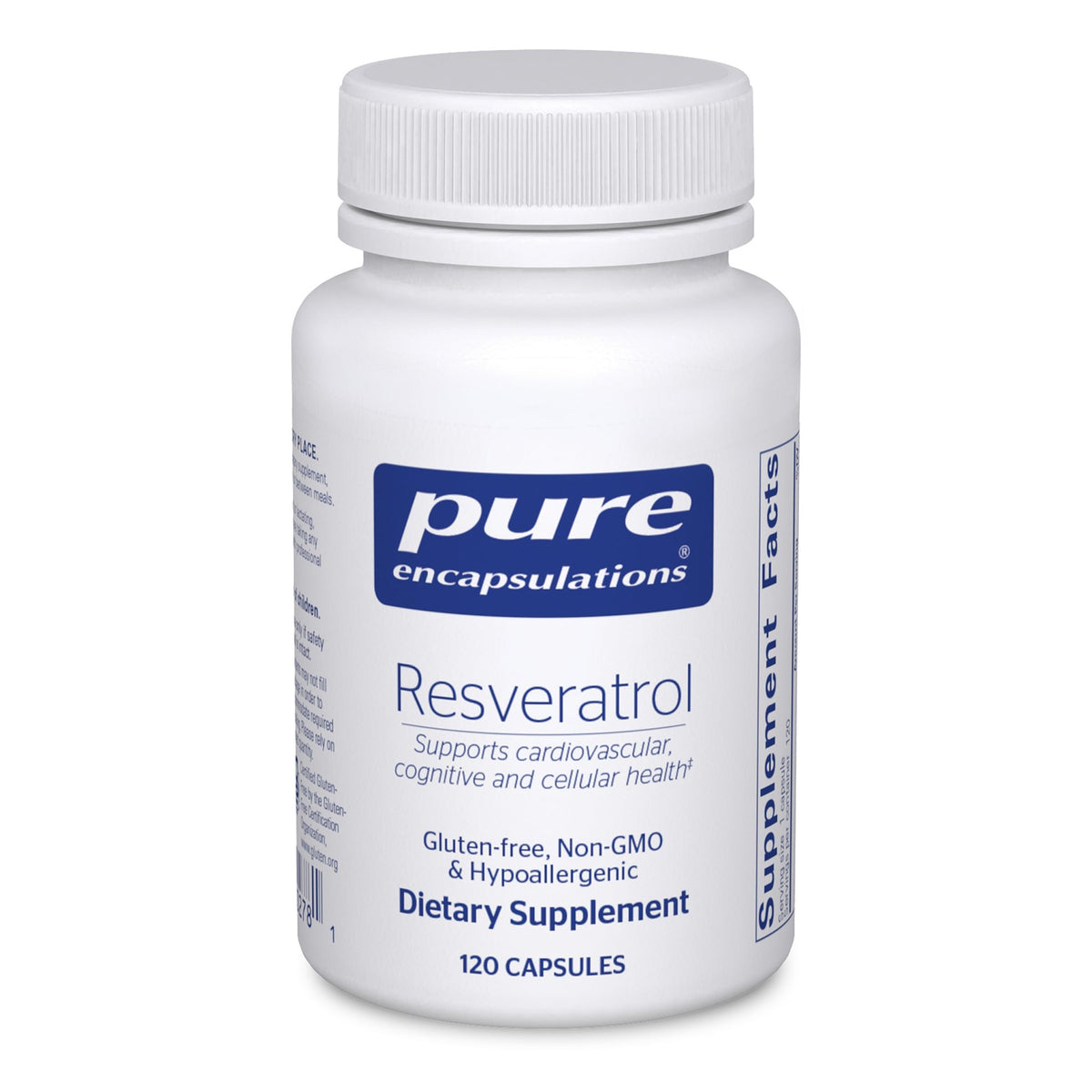 Pure Encapsulations Resveratrol bottle front view highlighting antioxidant formulation for healthy aging.