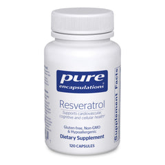 Pure Encapsulations Resveratrol bottle front view highlighting antioxidant formulation for healthy aging.