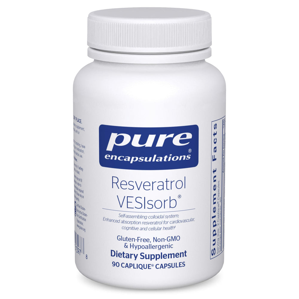 Pure Encapsulations Resveratrol VES-Sorb bottle highlighting hypoallergenic formula.