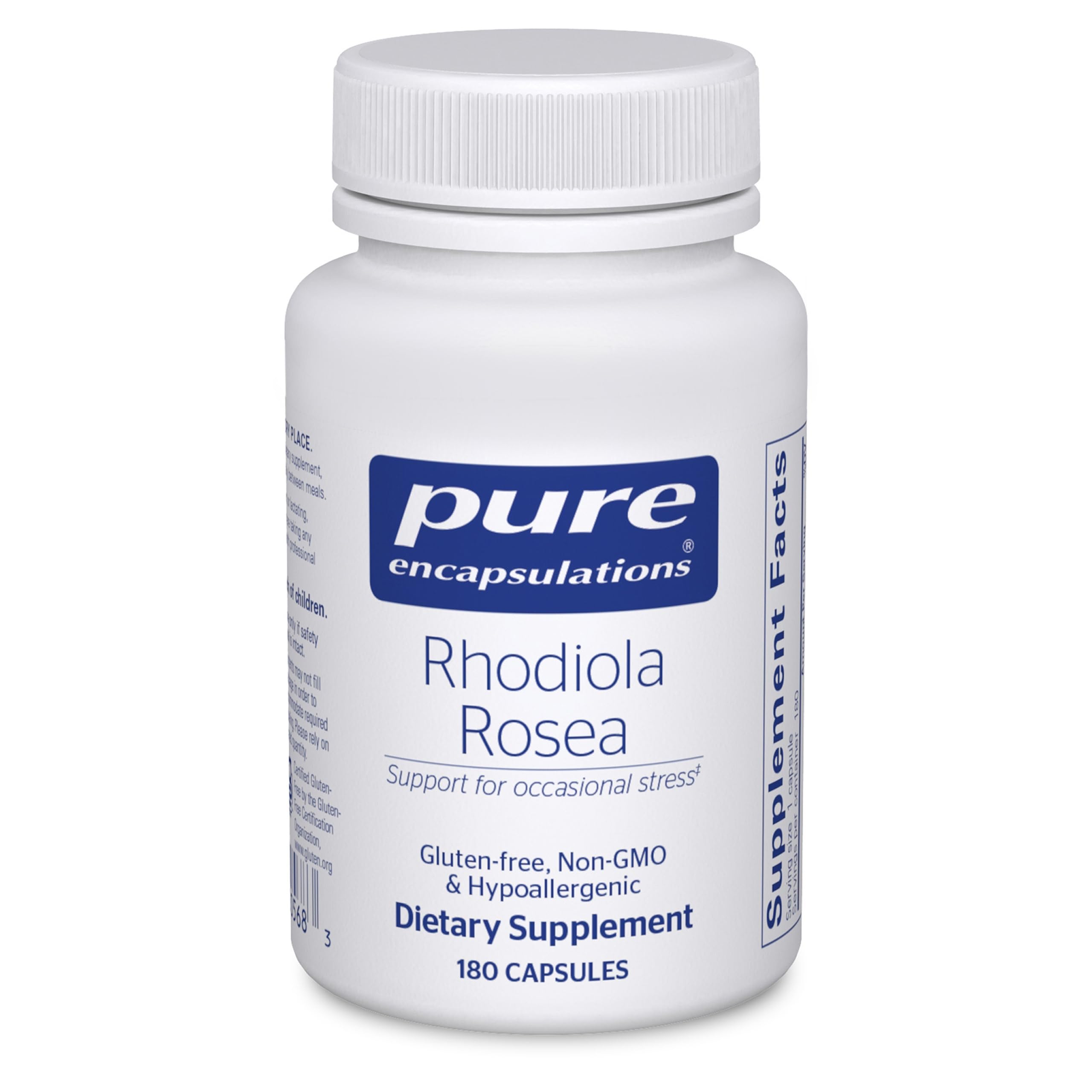 Pure Encapsulations Rhodiola Rosea bottle front showing adaptogen support for occasional stress