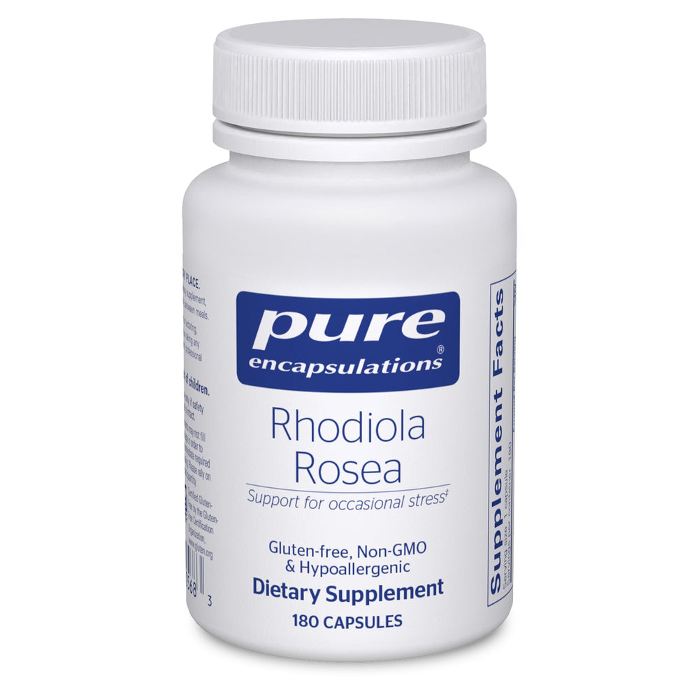 Pure Encapsulations Rhodiola Rosea bottle front showing adaptogen support for occasional stress