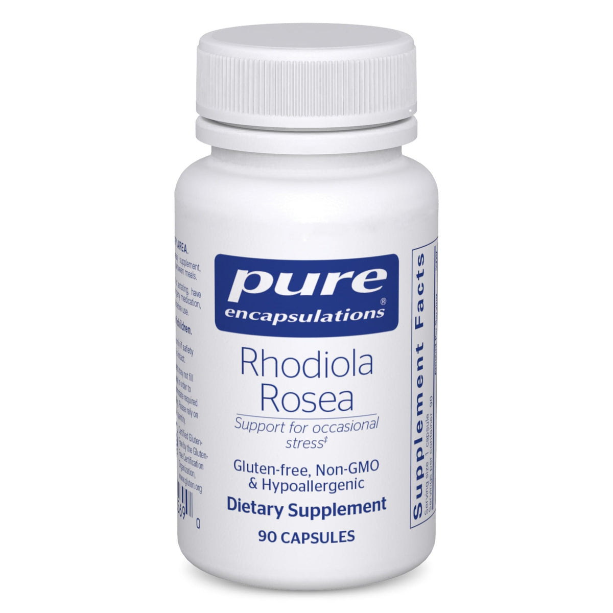 Pure Encapsulations Rhodiola Rosea bottle on a clean desk, supporting occasional stress.