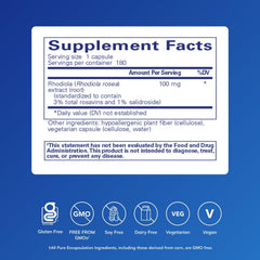 Rhodiola Rosea capsules image highlighting vegan gluten-free energy support