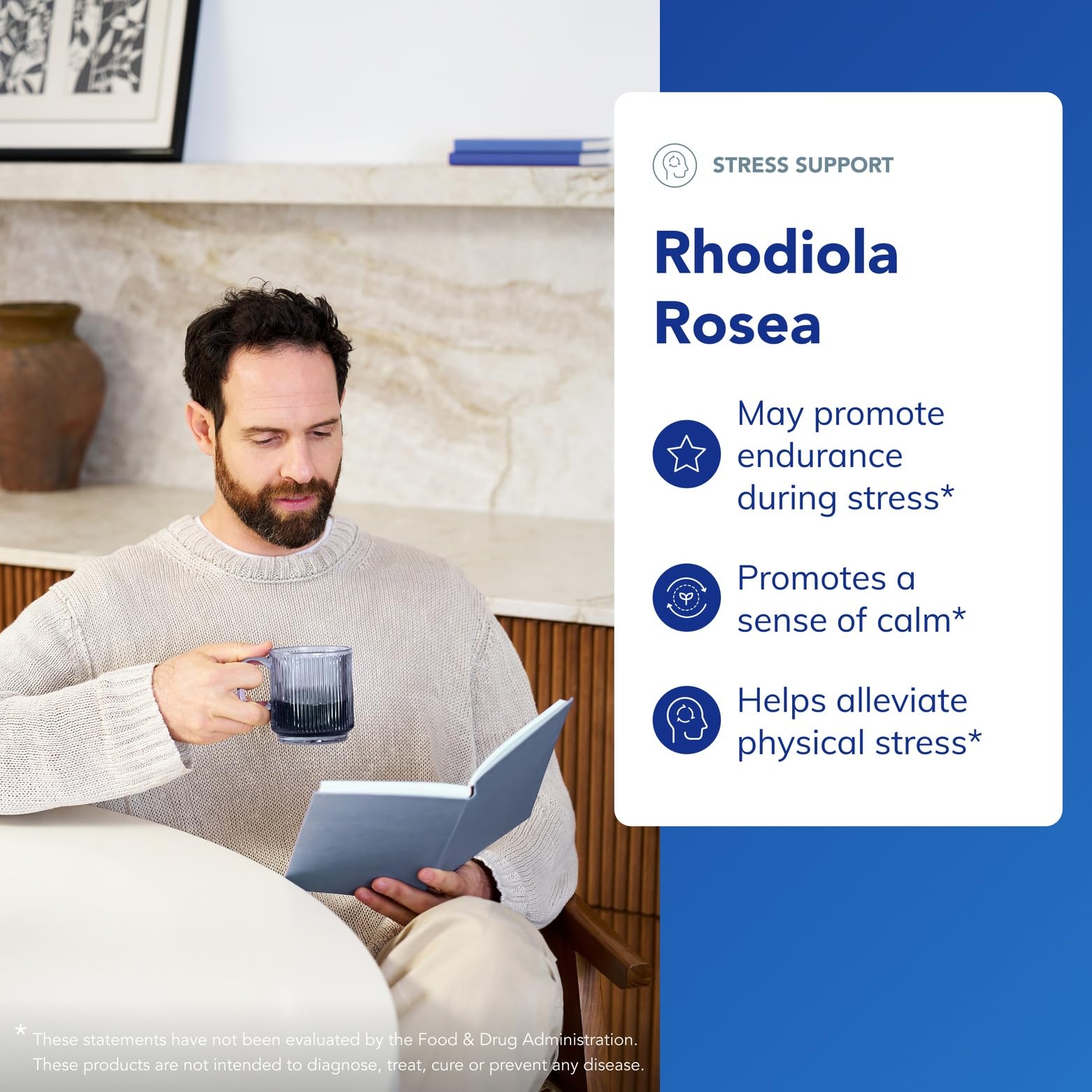 Label closeup shows rosavins and salidroside content for adaptogen activity