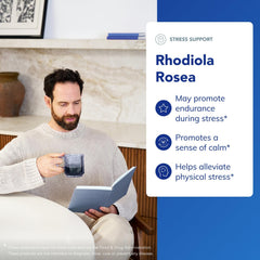 Label closeup shows rosavins and salidroside content for adaptogen activity