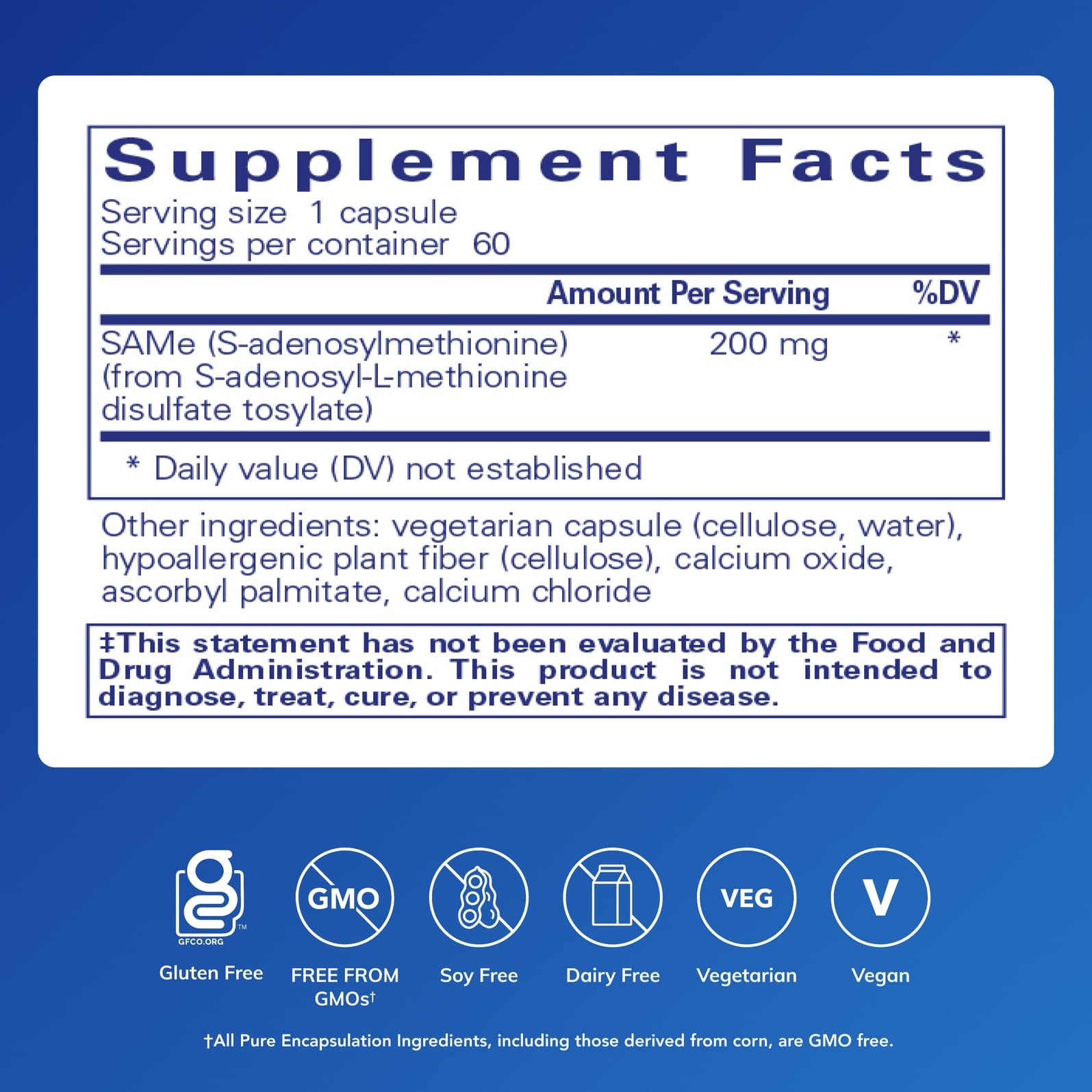 Pure Encapsulations SAMe bottle back label highlights gluten-free and non-GMO claims