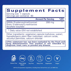 Pure Encapsulations SAMe bottle back label highlights gluten-free and non-GMO claims