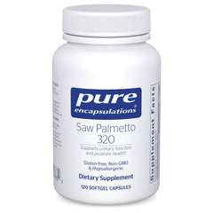 Pure Encapsulations Saw Palmetto 320 bottle label highlights premium quality.
