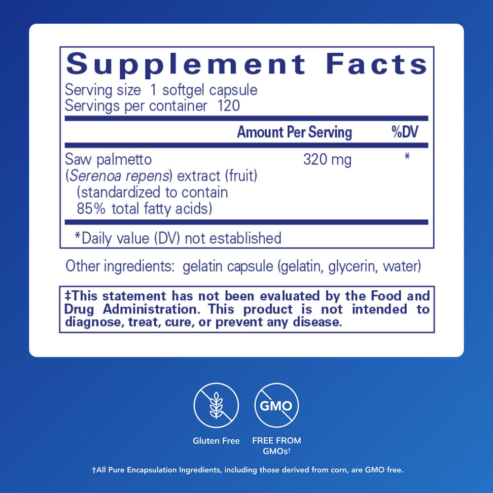 Pure Encapsulations Saw Palmetto 320 softgel capsules ready for easy daily intake.