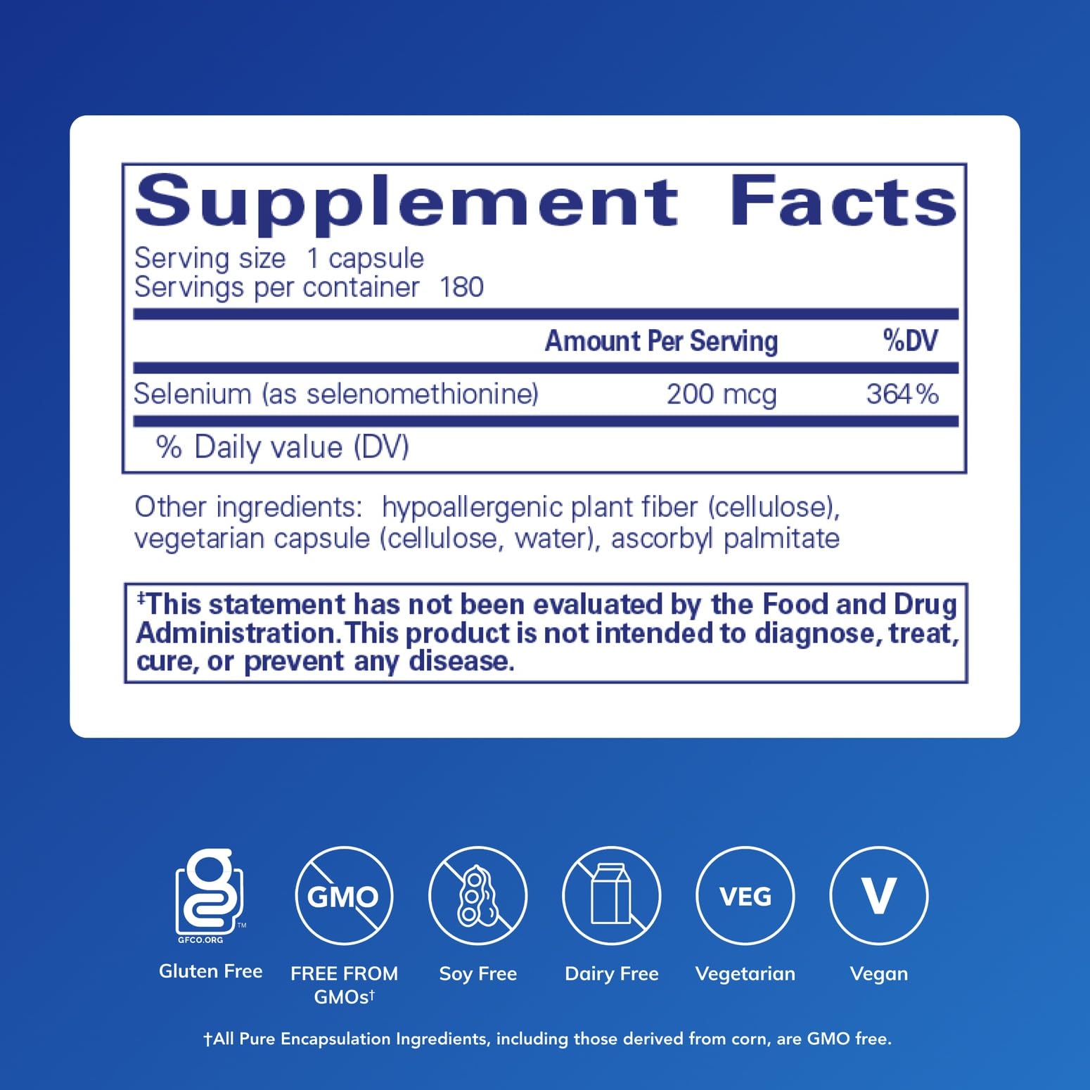 Closeup of Pure Encapsulations selenium capsules highlighting vegan, gluten-free formula.