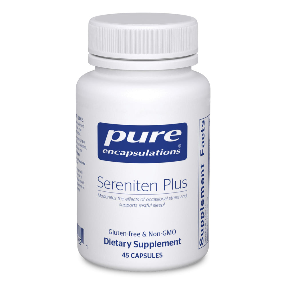 Pure Encapsulations Sereniten Plus bottle with capsules supporting occasional stress and restful sleep