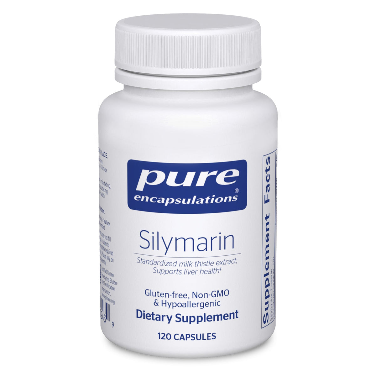 Pure Encapsulations Silymarin bottle front with 250 mg milk thistle for liver support