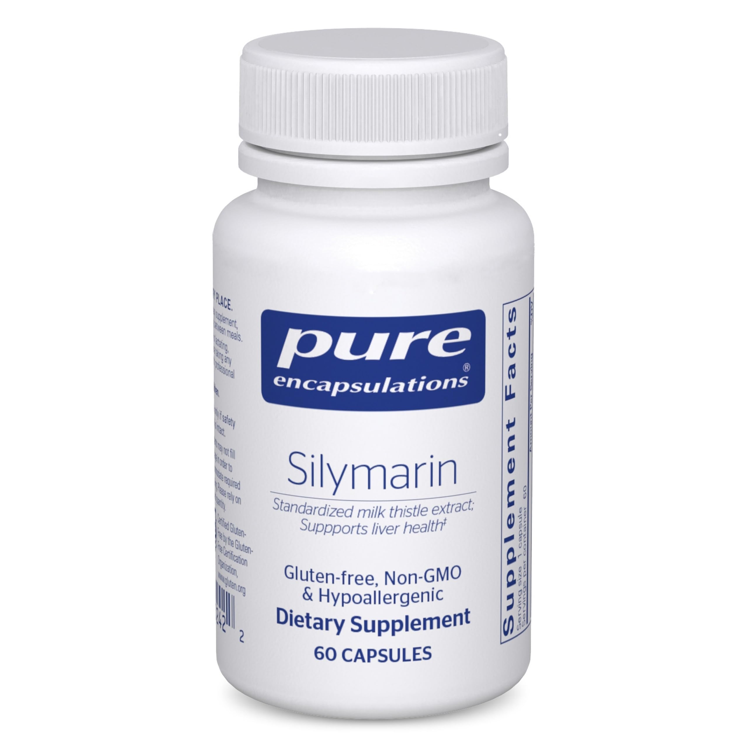 Pure Encapsulations Silymarin bottle label highlights vegan, non-GMO liver support