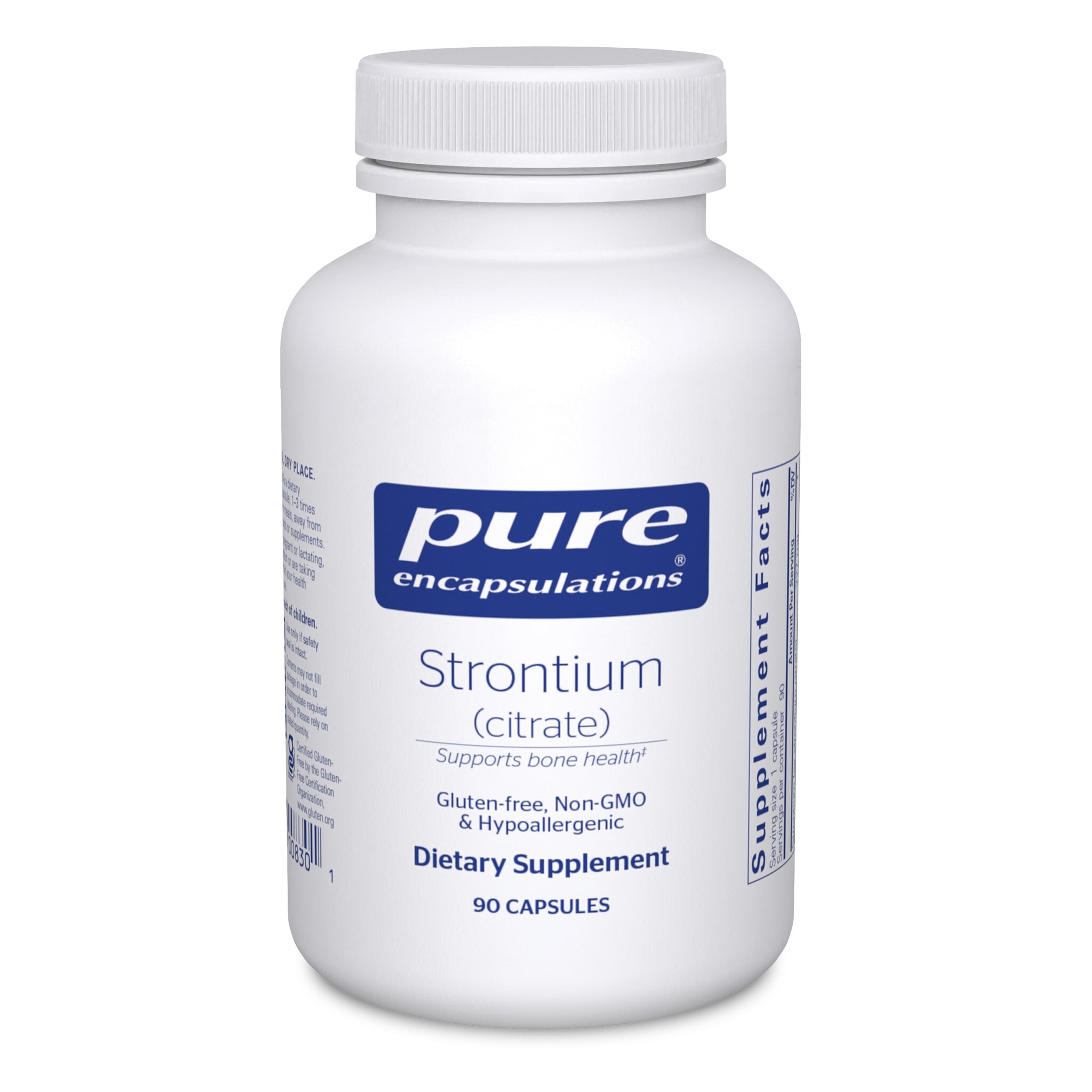 Pure Encapsulations Strontium Citrate bottle on white surface, convenient bone health support