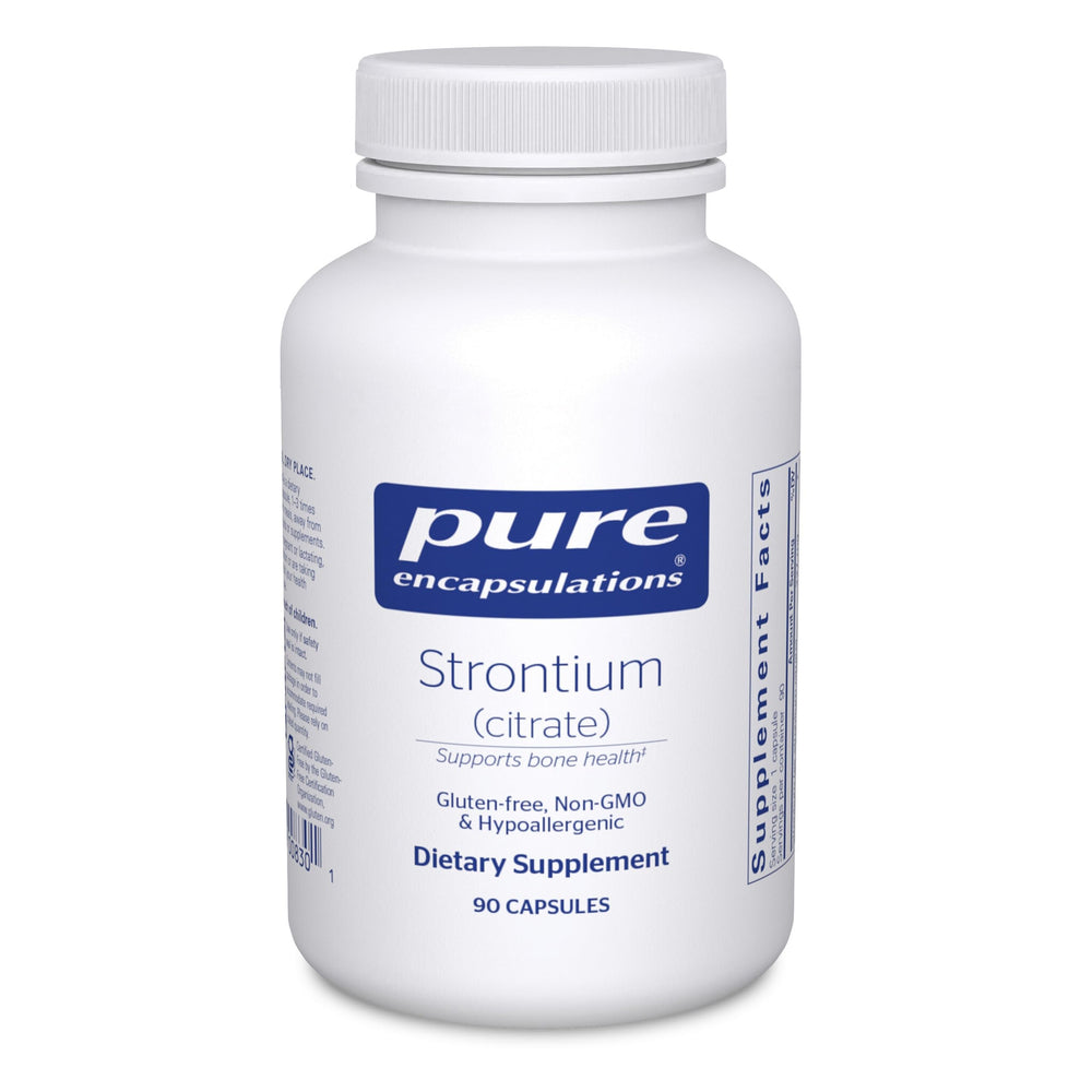 Pure Encapsulations Strontium Citrate bottle on white surface, convenient bone health support