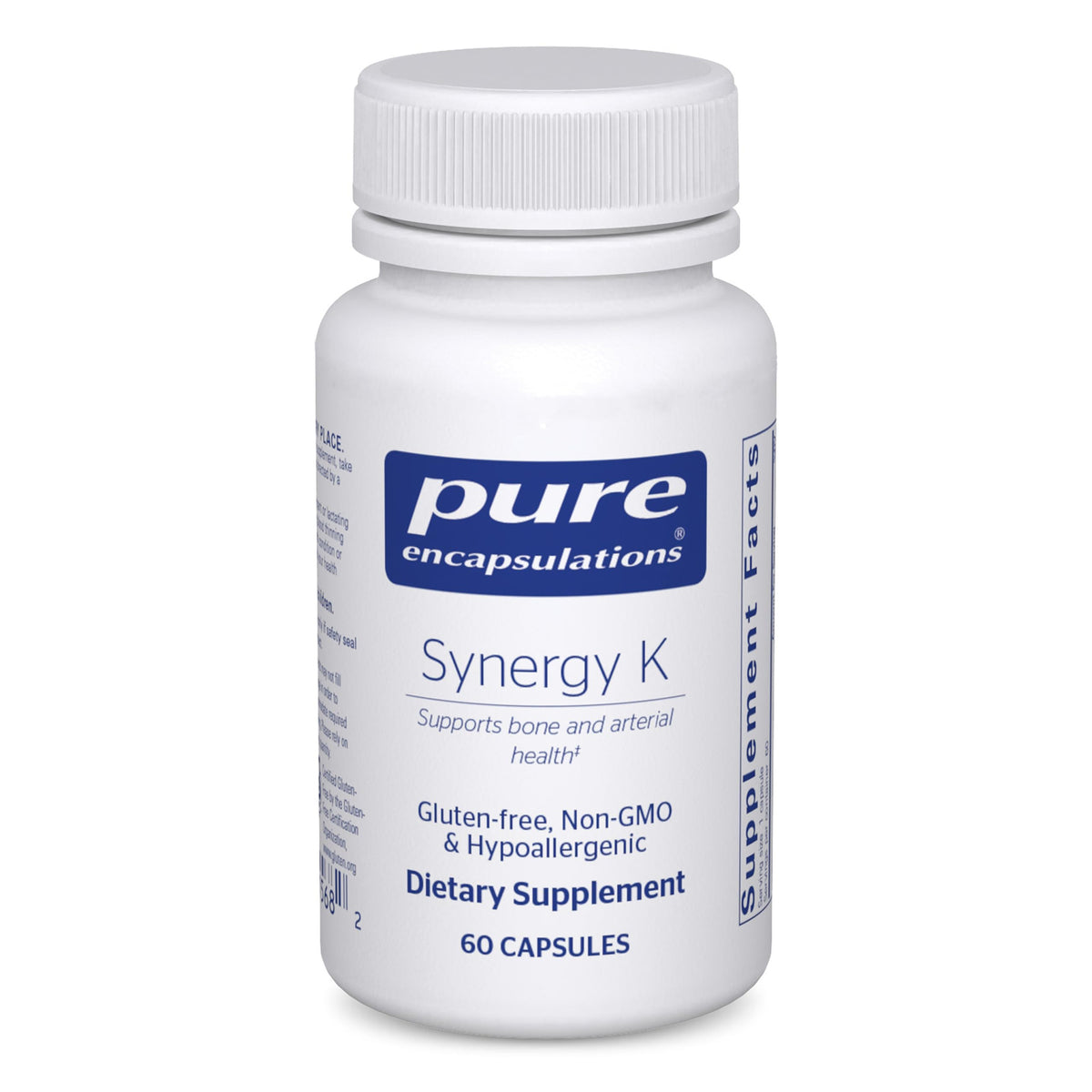 Pure Encapsulations Synergy K bottle front showing the K and D3 blend for bone support