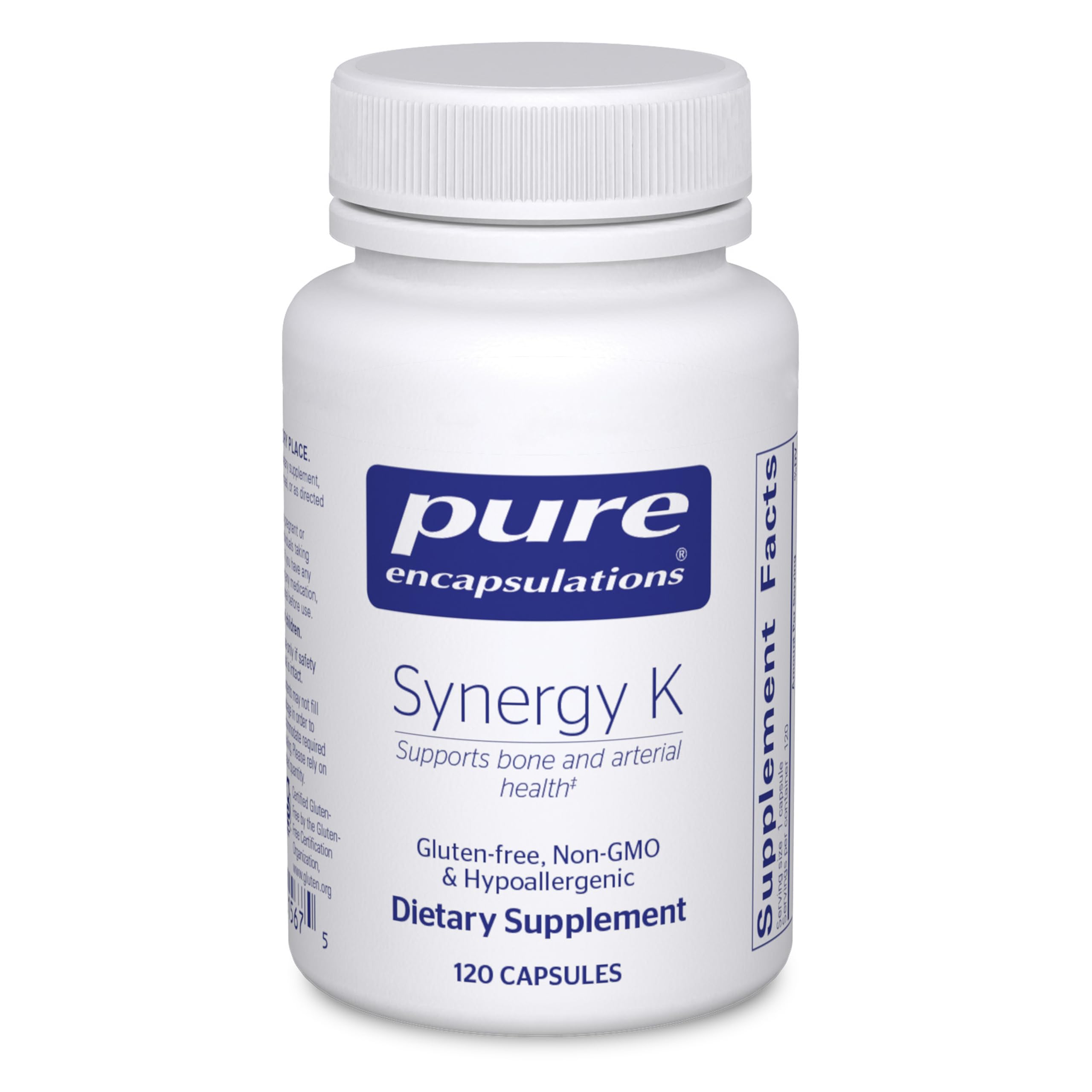 Pure Encapsulations Synergy K bottle on counter highlighting a bone-support formulation.