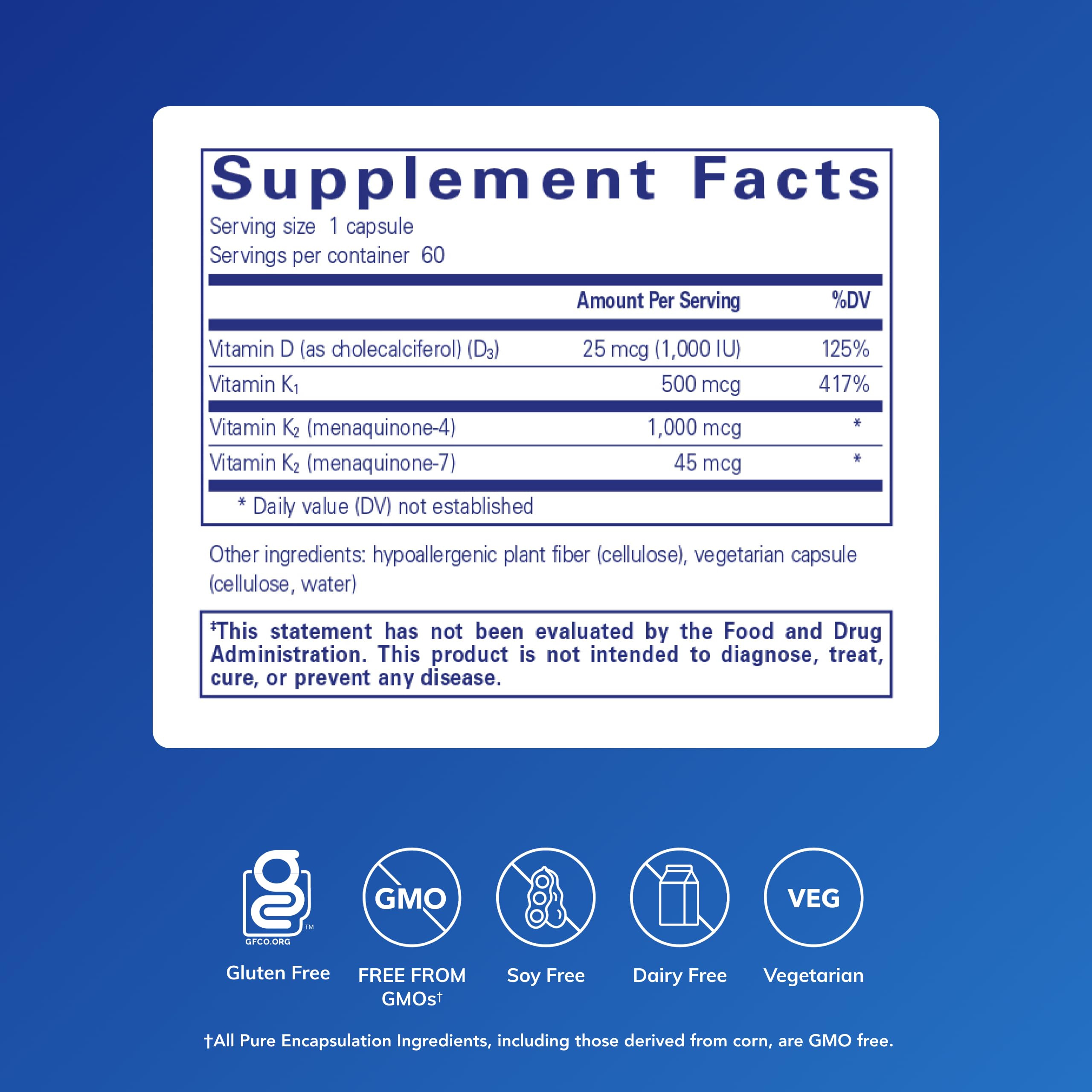 Pure Encapsulations Synergy K capsules closeup highlighting K1/K2 and D3 in gluten-free formula