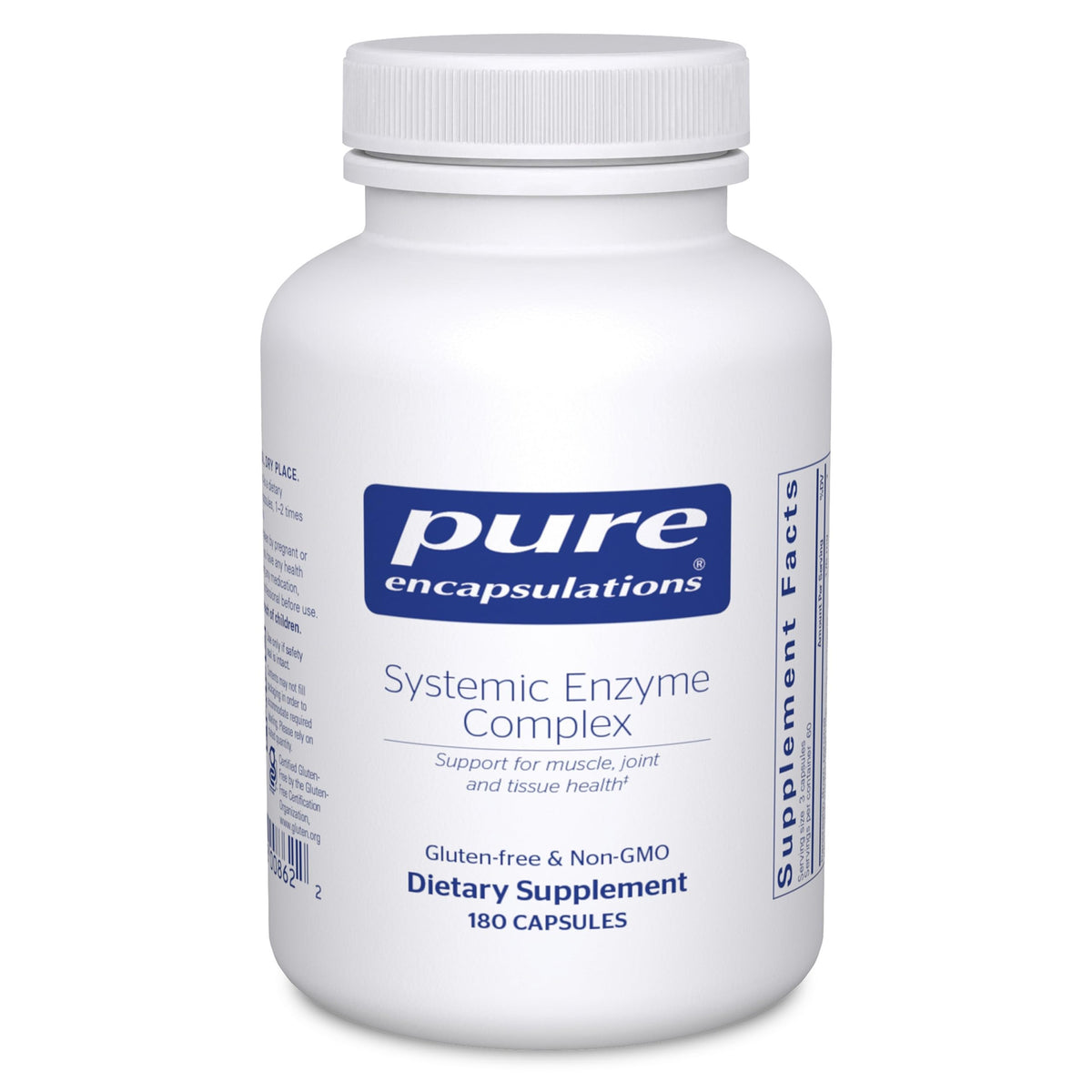 Pure Encapsulations Systemic Enzyme Complex bottle with capsules for joint and muscle comfort.