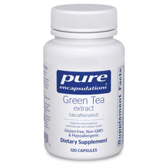 Pure Encapsulations te verde descafeinado en botella, apoyo antioxidante para la salud diaria.