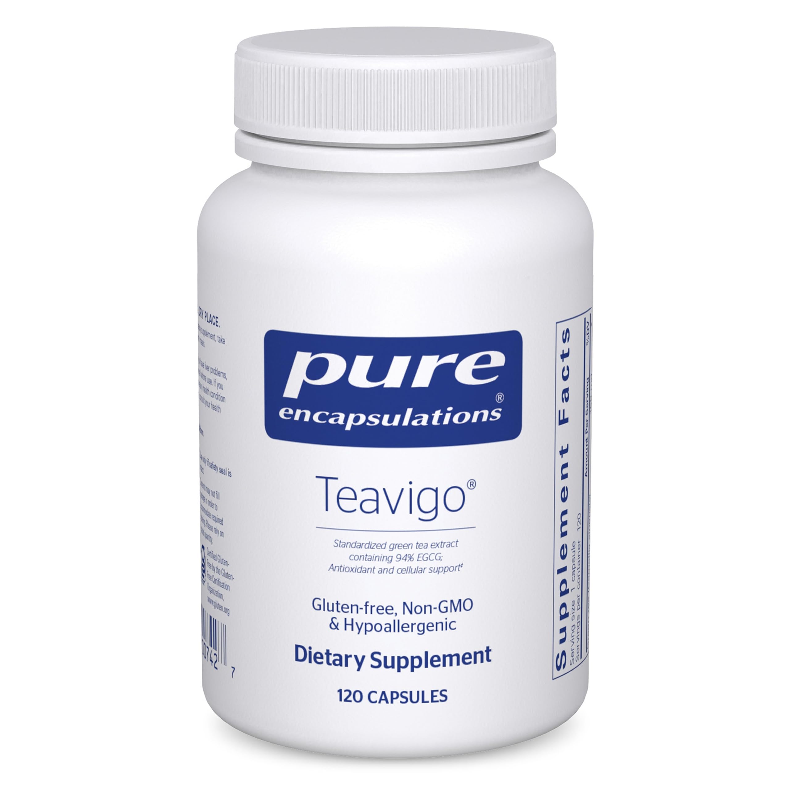 Pure Encapsulations Teavigo bottle front highlighting antioxidant support and caffeine-free green tea extract