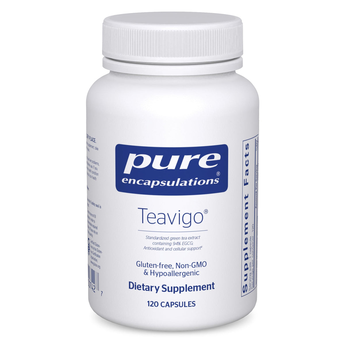Pure Encapsulations Teavigo bottle front highlighting antioxidant support and caffeine-free green tea extract