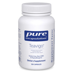 Pure Encapsulations Teavigo bottle front highlighting antioxidant support and caffeine-free green tea extract