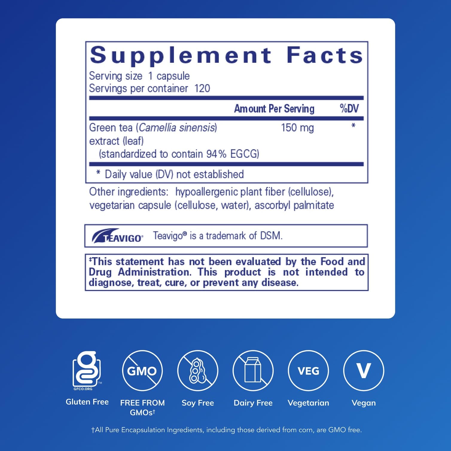 Pure Encapsulations Teavigo bottle label closeup emphasizing EGCG content