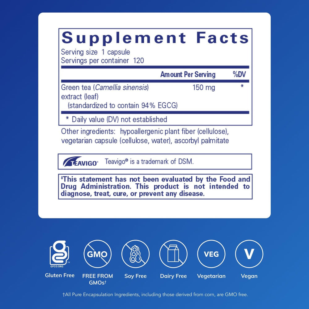 Pure Encapsulations Teavigo bottle label closeup emphasizing EGCG content