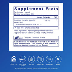 Pure Encapsulations Teavigo bottle label closeup emphasizing EGCG content