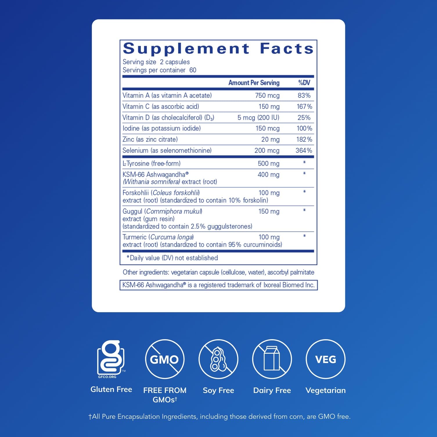 Pure Encapsulations Thyroid Support Complex label back detail notes iodine and antioxidants.