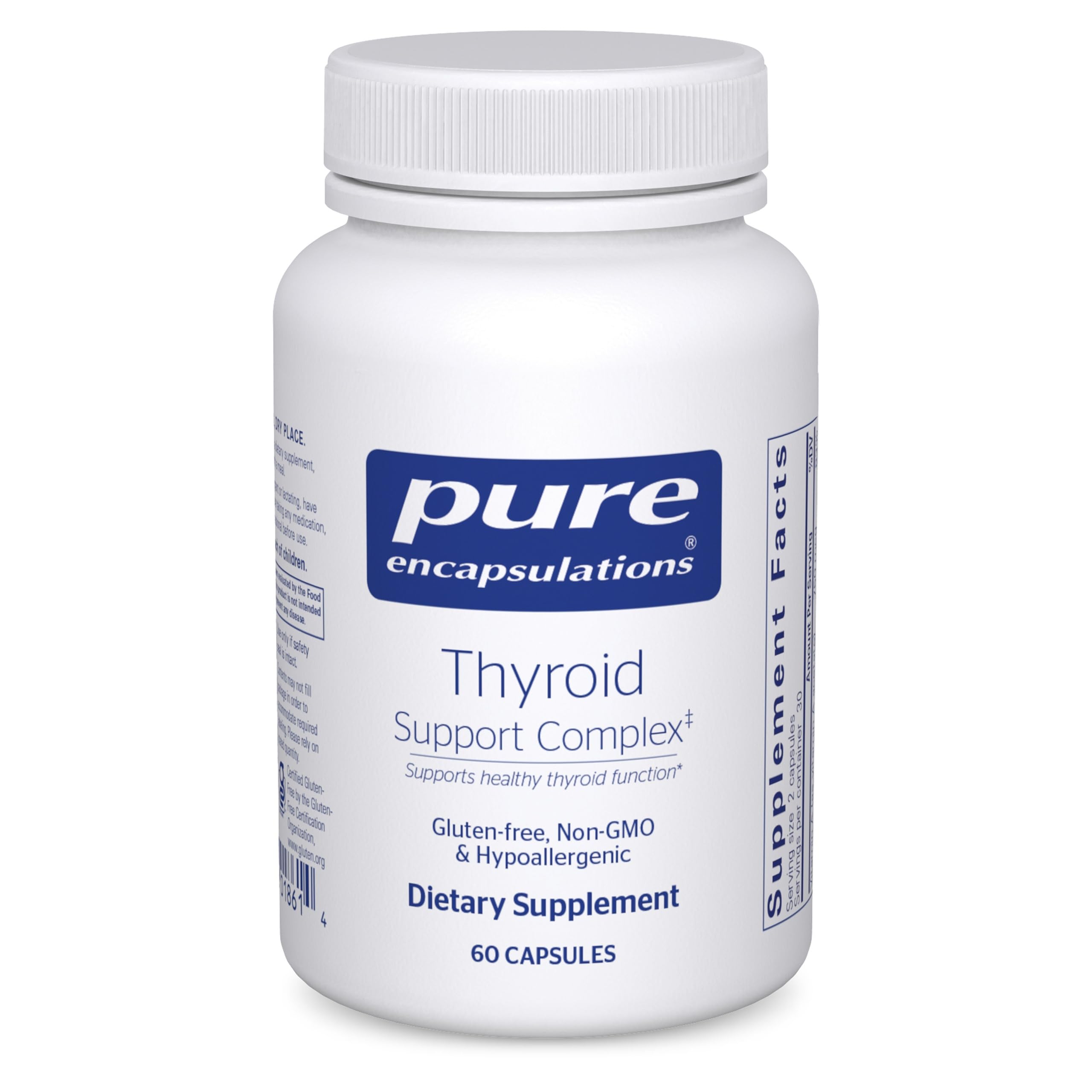 Pure Encapsulations Thyroid Support Complex bottle on a clean surface, supporting thyroid health with essential nutrients.
