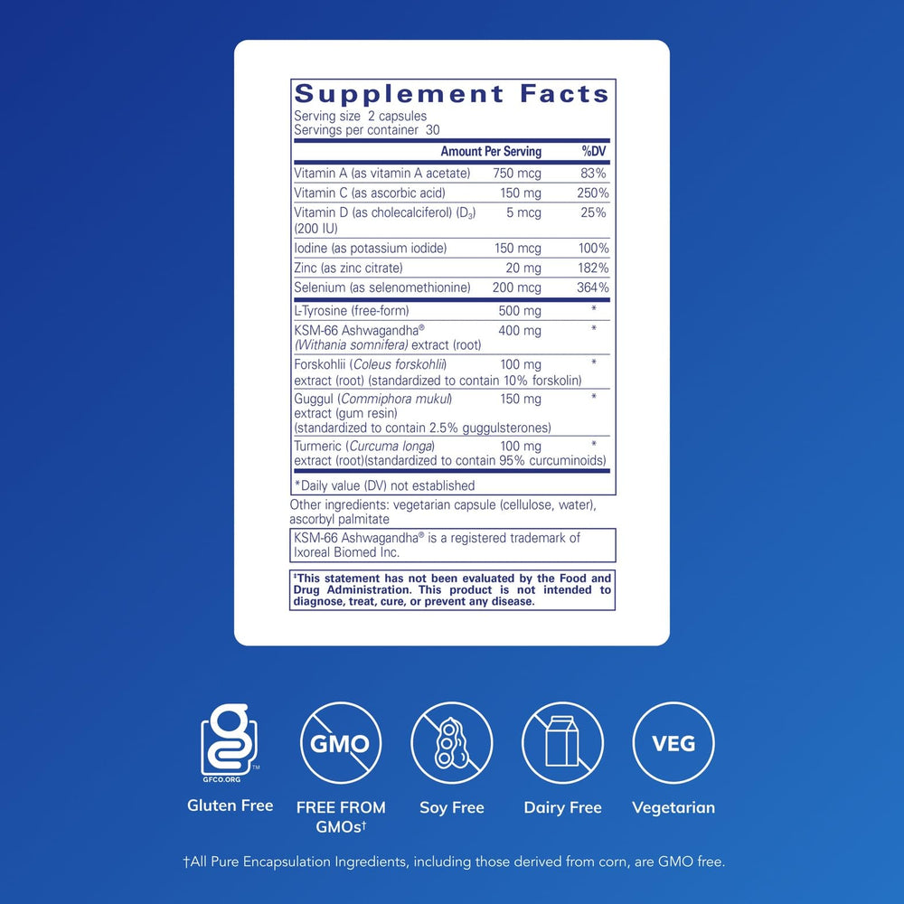 Pure Encapsulations Thyroid Support Complex label highlighting iodine for hormone synthesis.