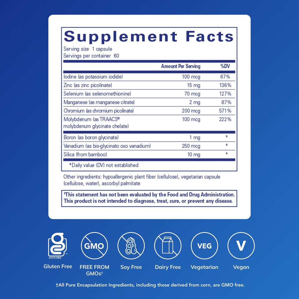 Pure Encapsulations Trace Minerals capsule close-up highlighting chelated minerals.