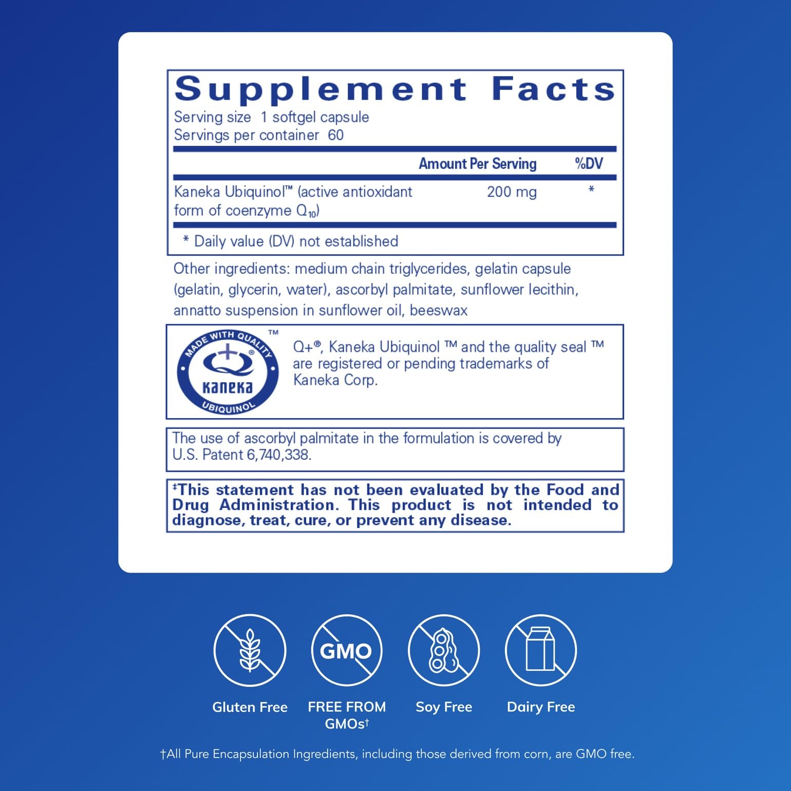 Pure Encapsulations Ubiquinol-QH bottle back explains purity and allergen-free formulation.