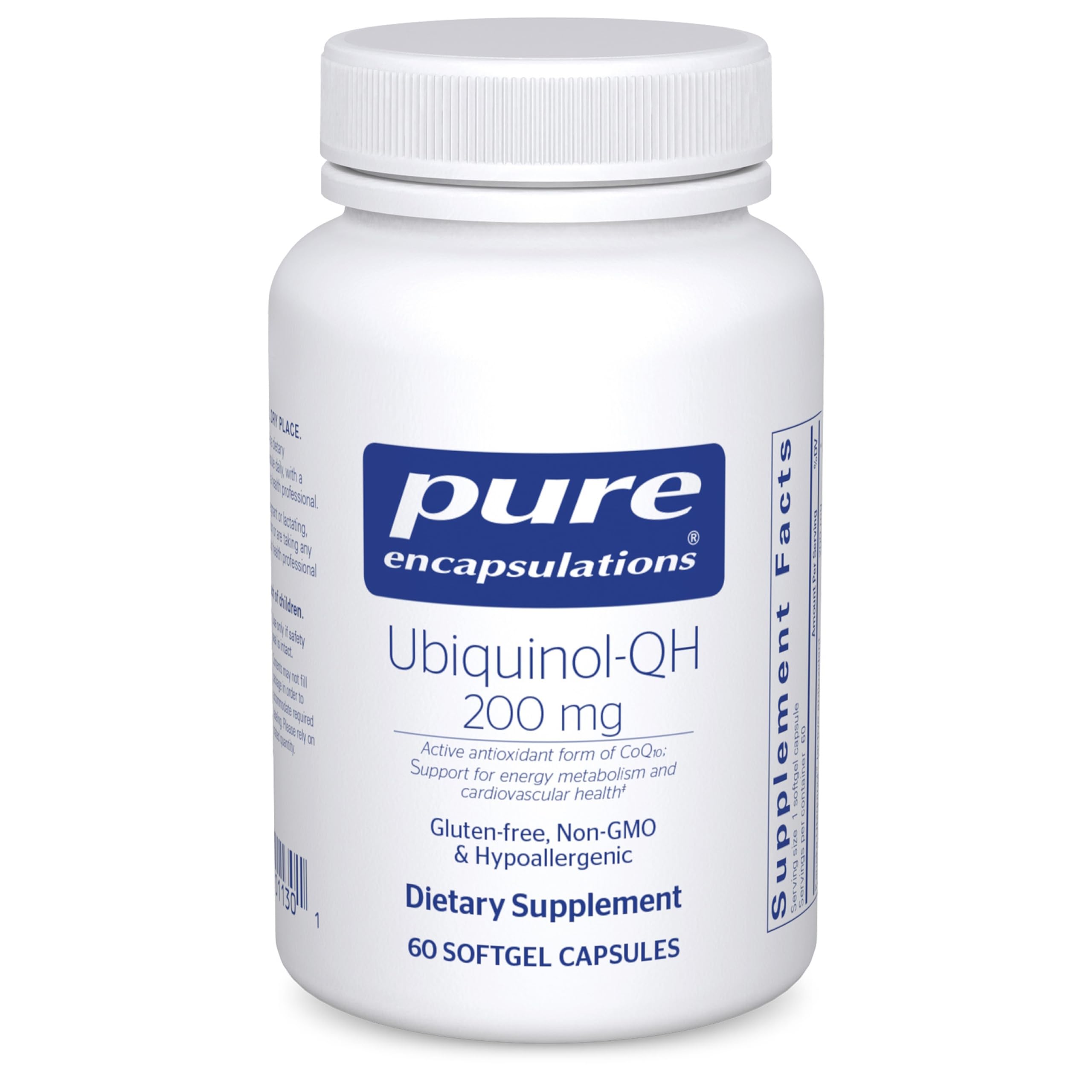Pure Encapsulations Ubiquinol-QH bottle front highlights 200 mg active CoQ10 energy support.