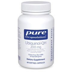 Pure Encapsulations Ubiquinol-QH bottle front highlights 200 mg active CoQ10 energy support.