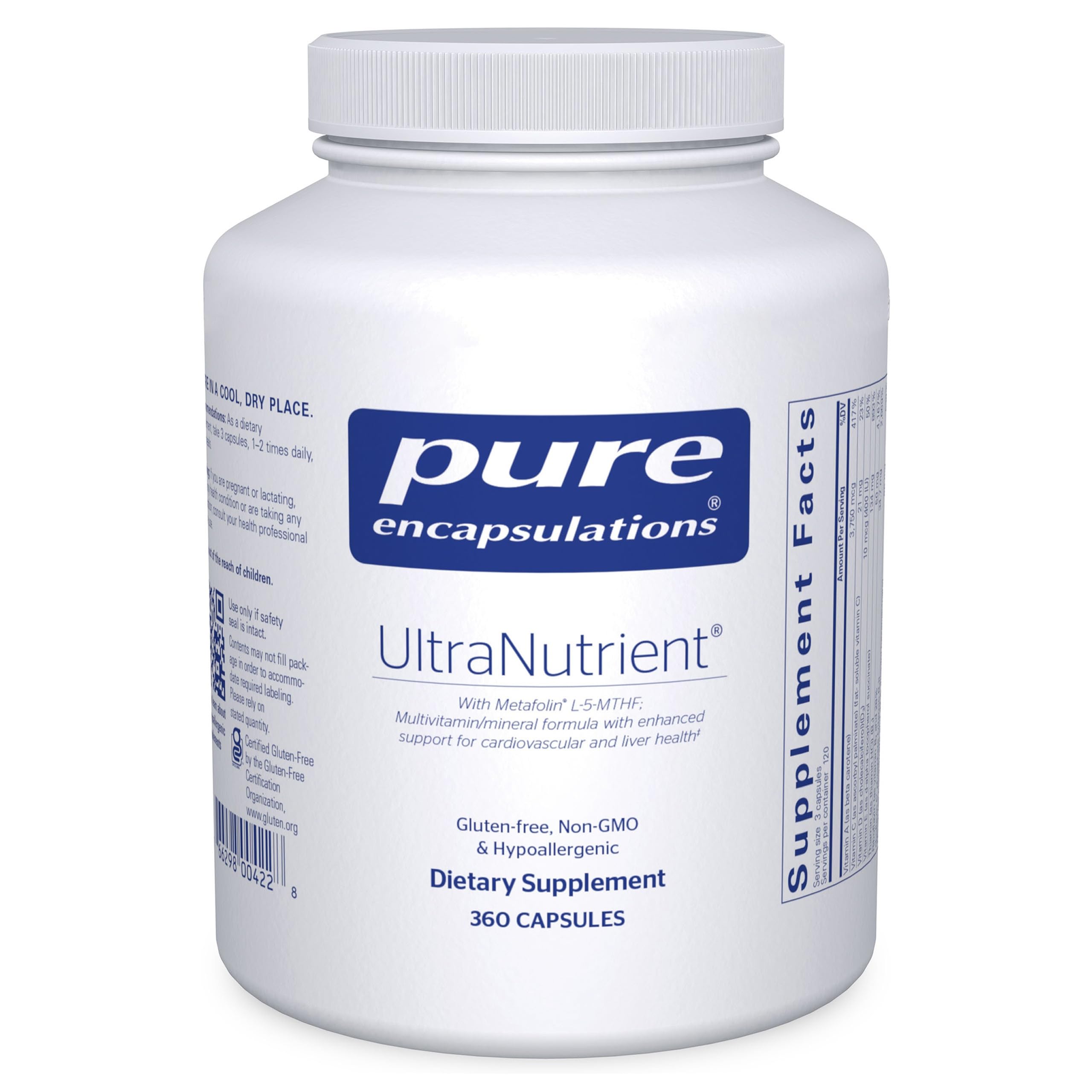 Pure Encapsulations UltraNutrient bottle front showing gluten-free multivitamin for daily liver and heart support