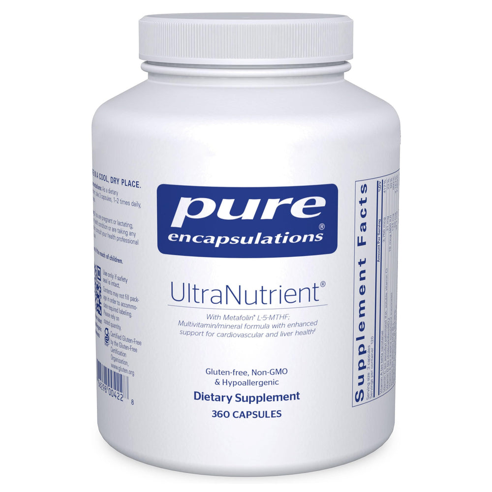 Pure Encapsulations UltraNutrient bottle front showing gluten-free multivitamin for daily liver and heart support