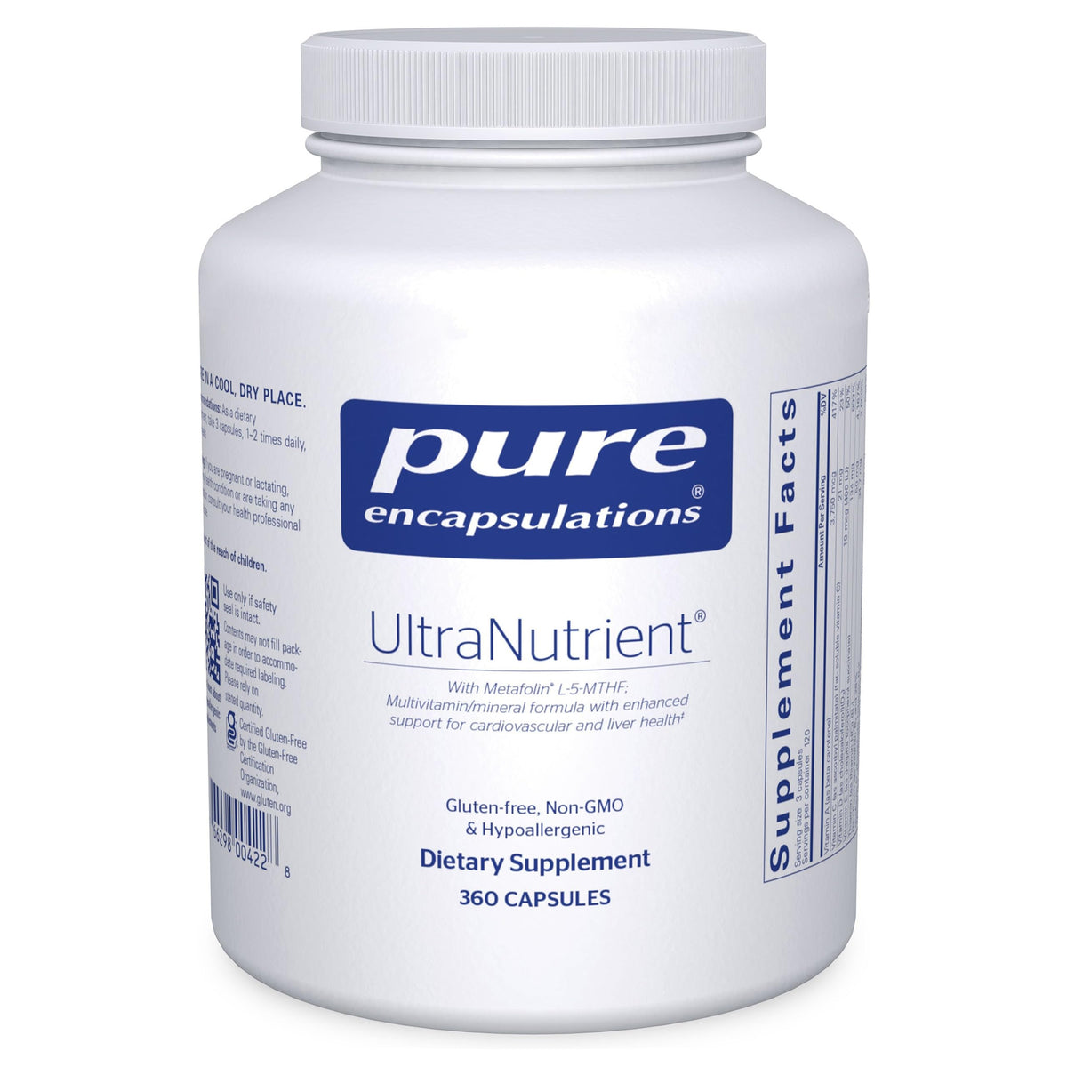 Pure Encapsulations UltraNutrient bottle front showing gluten-free multivitamin for daily liver and heart support