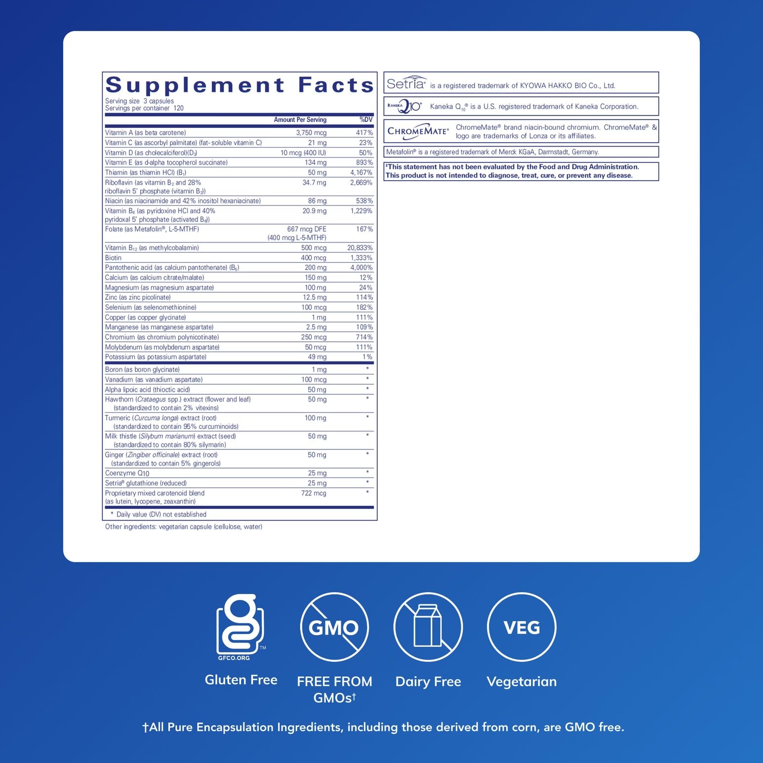 Pure Encapsulations UltraNutrient bottle label highlights Metafolin and essential nutrients for absorption