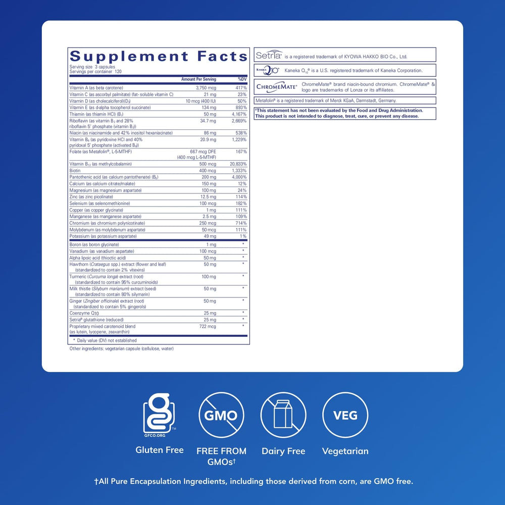 Pure Encapsulations UltraNutrient bottle label highlights Metafolin and essential nutrients for absorption