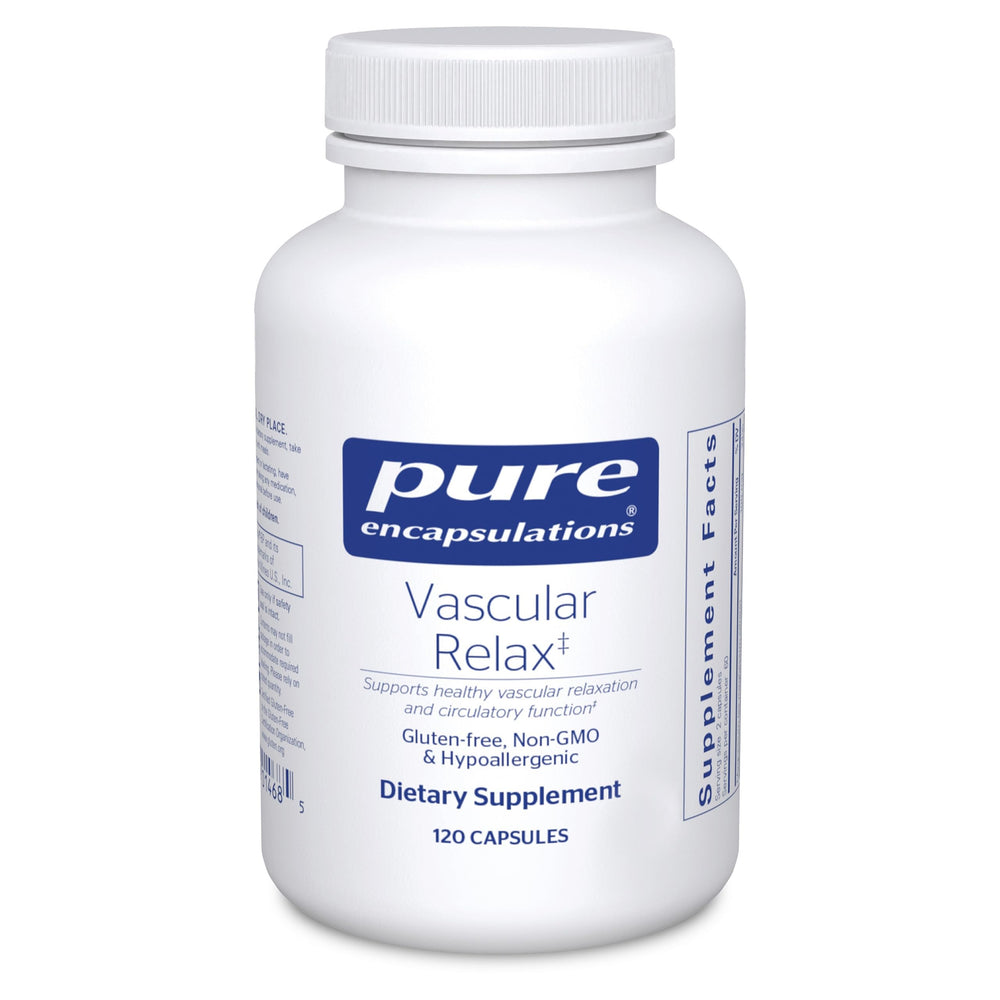 Pure Encapsulations Vascular Relax bottle on table for daily vascular relaxation support.