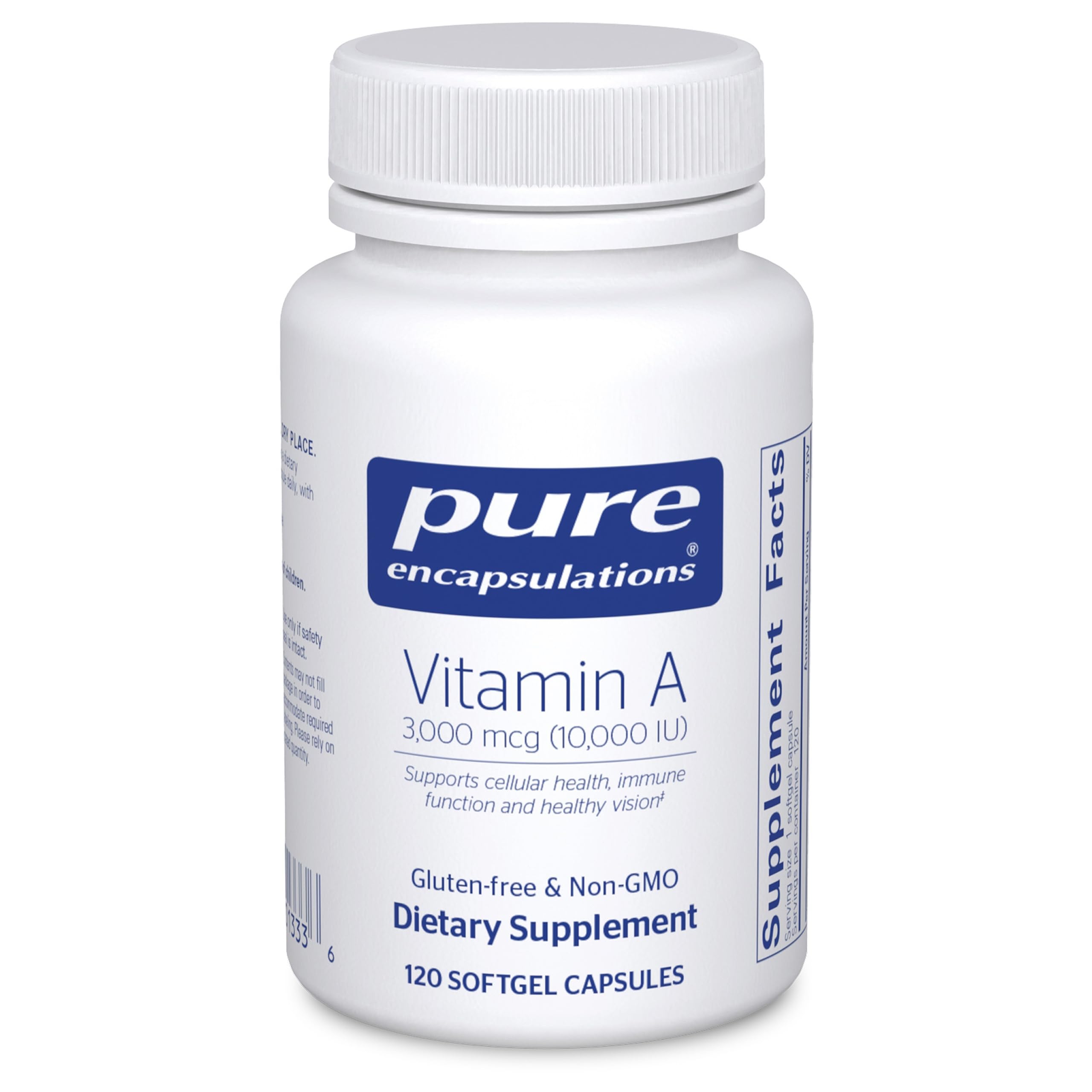 Pure Encapsulations Vitamin A capsules bottle front, supporting daily immune and vision care.