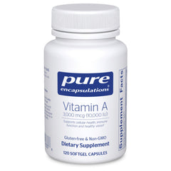 Pure Encapsulations Vitamin A capsules bottle front, supporting daily immune and vision care.